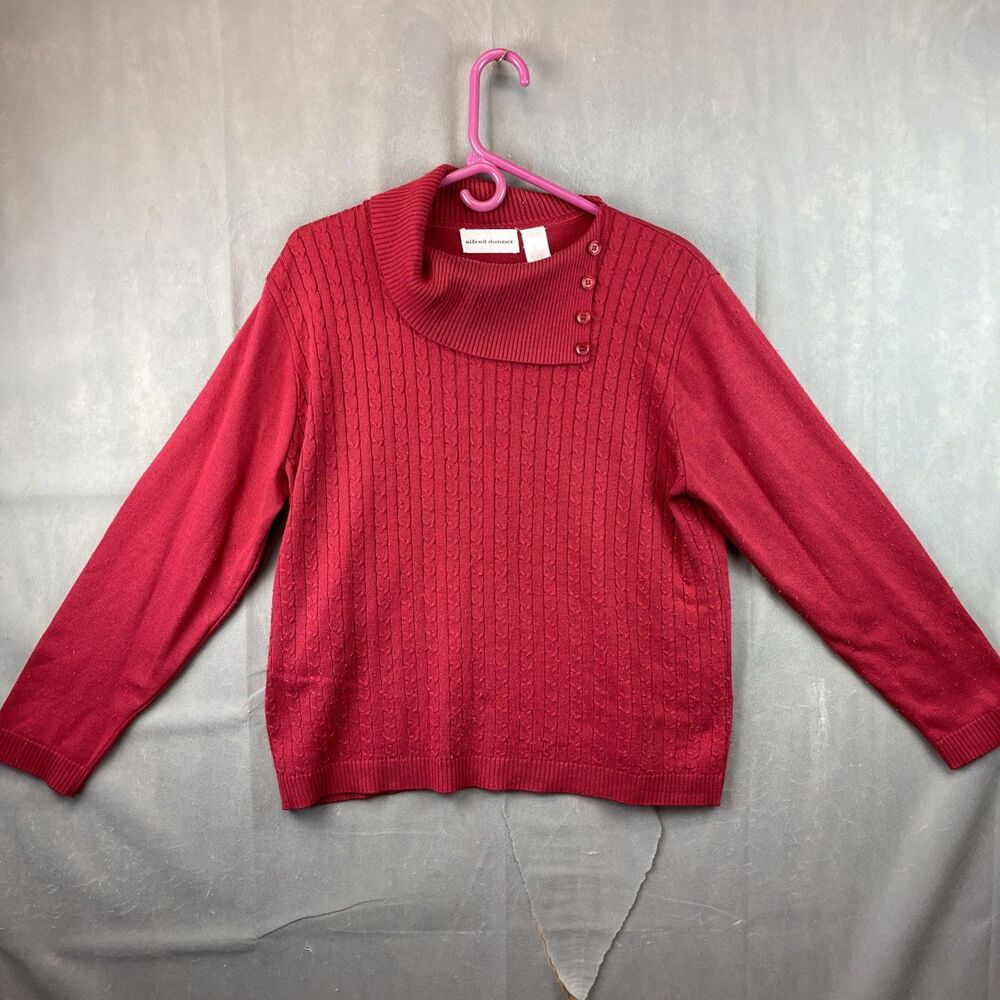 Vintage Alfred Dunner Red Open button up Cowl Neck Cable Knit Sweater Size Large